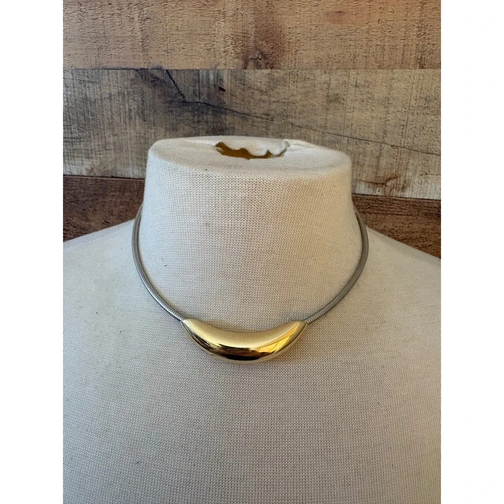 Vintage Two Tone Gold Silver Magnetic Snake Chain Crescent Slider Necklace